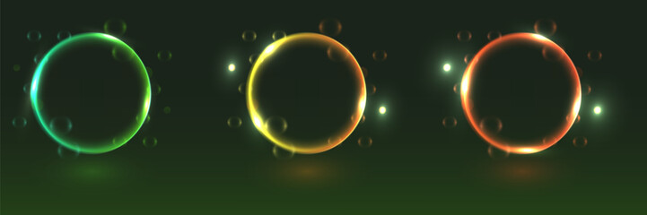 Collection of neon glowing circles. Magic flare effect and futuristic modern neon glowing frames.