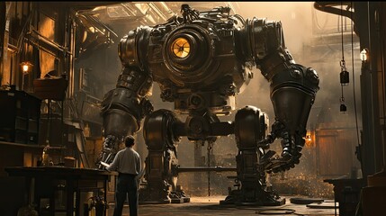A Giant, Steampunk-Style Robot Standing in a Workshop