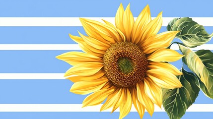 Obraz premium Beautiful yellow sunflower on a blue striped background.