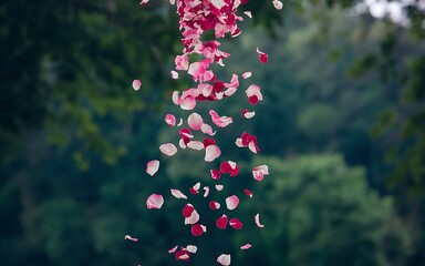 Pink and white rose petals falling against a blurred green background.