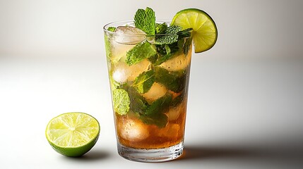 A classic Mojito cocktail, with mint leaves, lime wedges, and ice cubes in a tall glass, refreshing and vibrant, on a clean white background, high-key lighting, sharp details.  --ar 16:9 --no logo