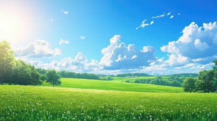 Obraz premium A serene anime-style landscape with a vast green field and a bright blue sky, perfect for a peaceful summer day scene.