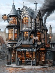 the two story magic shop is over by a town square