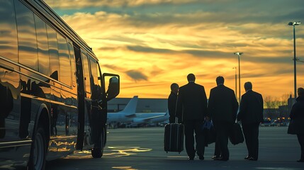 Business travelers walking towards a bus during a vibrant sunset at the airport, showcasing a sense of adventure and professionalism.