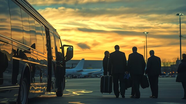 Business travelers walking towards a bus during a vibrant sunset at the airport, showcasing a sense of adventure and professionalism.