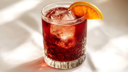 A classic Negroni cocktail in a short glass, deep red tones, garnished with an orange slice, on a pristine white background, soft shadows, elegant presentation.  --ar 16:9 --no logo