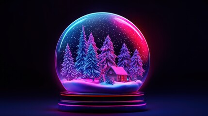 Vibrant neon outline of a snow globe with winter wonderland scene isolated on black background.