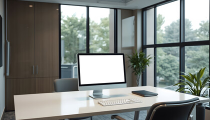 Fototapeta premium Modern Office Desk with Computer, Keyboard, and Notebook