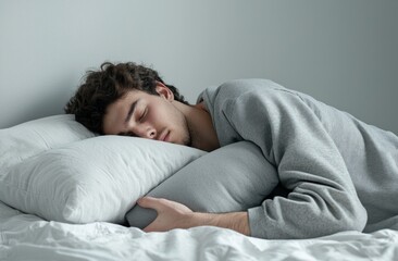 A man is sleeping on his side with a stuffed animal and a pillow. He is wearing gray pajamas with a hood, against a white background. Advertising stock photo. Close-up of both hands holding a pillow.
