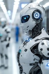 Fototapeta premium A futuristic hospital run by AI, with robots performing surgeries, checking patient vitals, and administering medicine, showcasing the medical advancements in an AI-integrated society.
