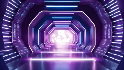 Fototapeta premium Futuristic Hexagonal Tunnel with Purple, Blue, and White Light – 3D Illustration