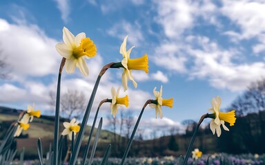 Yellow daffodils in a field, facing the sky.