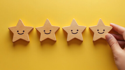 Hand placing five wooden stars with smiling faces on bright yellow background