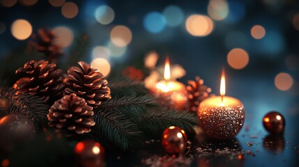 Weihnachtsmotiv mit Kerzen , Kugeln und Glitzer