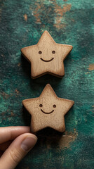 Hand placing three wooden stars with happy faces on textured green background