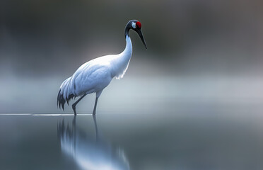 Obraz premium Graceful Red Crowned Crane Standing in Misty Water with Perfect Reflection Evoking Serenity Elegance and Tranquility in Stunning Wildlife Photography of an Ethereal Dreamlike Nature Scene
