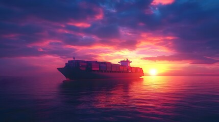 Obraz premium Cargo Ship at Sunset on the Ocean