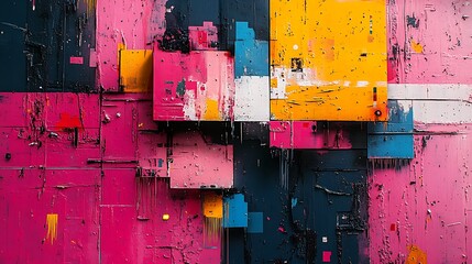 A chaotic mix of urban graffiti and glitch art, vibrant spray-paint tags distorted by pixelation, abstract shapes blending with digital fragments, bold neon colors clashing with gritty textures,