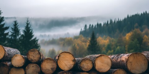 A stack of logs rests in a tranquil forest while mist blankets the trees, showcasing autumn's vibrant colors in the background