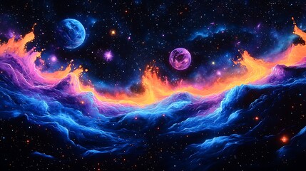 Obraz premium A cosmic scene filled with urban graffiti elements, neon colors splashing across a starry background, bright spray-paint merging with celestial bodies,