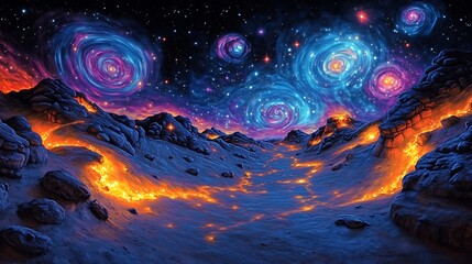 Fototapeta premium A cosmic landscape featuring vibrant graffiti patterns intertwined with swirling galaxies, neon spray paint colors blending with stars and celestial bodies, creating a surreal urban universe,