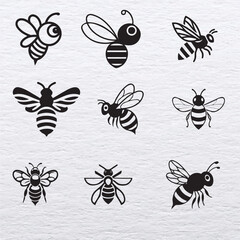 Cute Bee Icons Collection White And Black Illustration