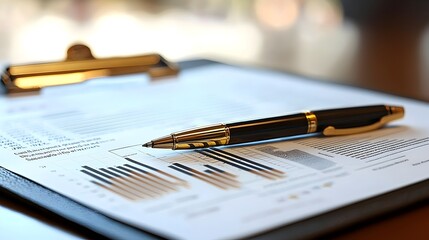 Fototapeta premium Clipboard with Financial Report and Pen Symbolizing Business Evaluation and Decision-Making