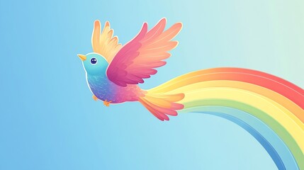 Obraz premium A colorful bird flies in a blue sky with a rainbow behind it.
