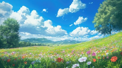 Fototapeta premium A tranquil anime landscape with a field of wildflowers under a brilliant blue sky, symbolizing the peacefulness of nature.