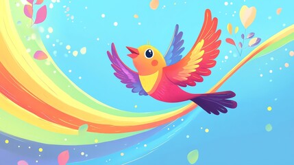 Fototapeta premium A colorful cartoon bird flies over a rainbow with bright blue sky in the background.