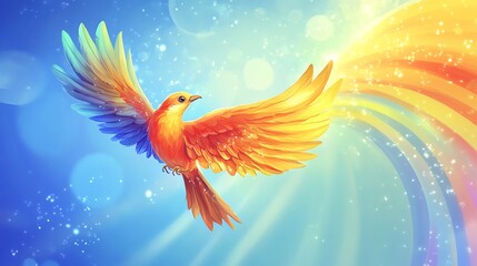 Obraz premium A colorful bird flying through a rainbow with sparkling light effects.