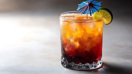 A colorful Mai Tai cocktail in a clear glass, tropical tones, garnished with a cocktail umbrella and lime wedge, on a white background, bright lighting, tropical summer vibes.  --ar 16:9 --no logo