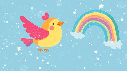 Cute cartoon bird and rainbow on blue background with stars.