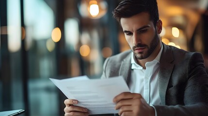 Fototapeta premium Businessman Carefully Reviewing Business Contract with Serious Expression