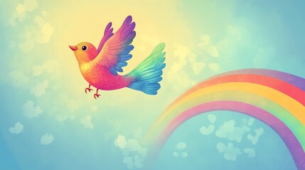 A colorful bird flying towards a rainbow in a blue sky.