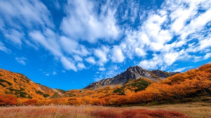 Obraz premium A majestic mountain peak rises above an autumn forest, clouds drifting lazily overhead.