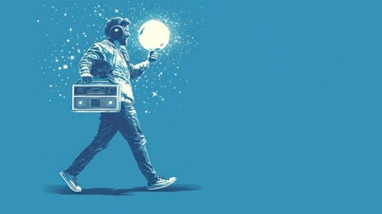 Obraz premium A man with headphones walks with a vintage radio and a light orb, surrounded by stars.