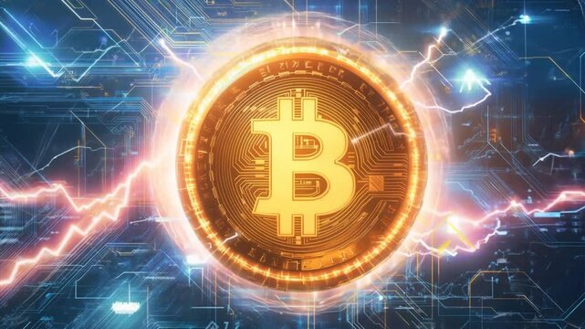 Digital illustration of the Bitcoin logo with a circuitry background,generative ai