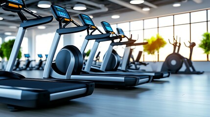 A sleek gym interior, bathed in light, offers treadmills and a motivating city view.