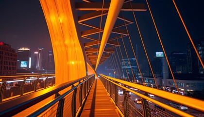 Naklejka premium Illuminated Walkway on Modern Bridge Overlooking a Cityscape at Night