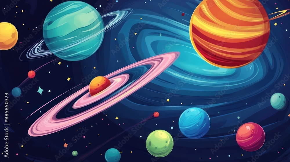 Wall mural colorful planets and stars in a blue and purple galaxy.