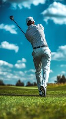 Golfer swinging driver on green grass.