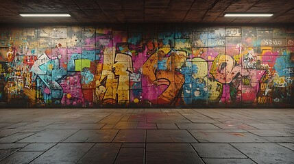 Naklejka premium A vibrant explosion of graffiti patterns layered over a cracked concrete surface, glitch-like distortions enhancing the colorful designs, creating an energetic urban feel,