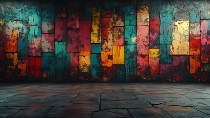 A vibrant explosion of graffiti patterns layered over a cracked concrete surface, glitch-like distortions enhancing the colorful designs, creating an energetic urban feel,