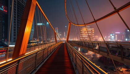 Fototapeta premium Modern Bridge Overlook with Cityscape and Traffic at Night