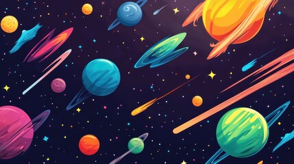 Naklejka premium Colorful planets with rings in a dark starry sky.