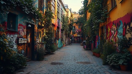 Fototapeta premium A vibrant street scene with graffiti-covered walls and flourishing vines, bold spray-paint colors harmonizing with the natural foliage, gritty urban textures blending with the vibrant plant life,