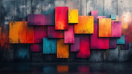 A vibrant urban mosaic made from abstract geometric graffiti elements, neon colors blending with rough concrete textures,