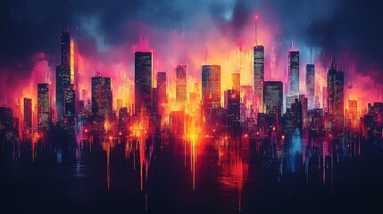 Fototapeta premium Abstract city skyline constructed from vibrant graffiti patterns, neon spray paint dripping off skyscrapers, sharp geometric shapes blending with gritty urban textures,