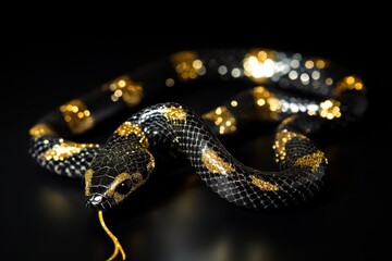 Obraz premium New Year 2025 with snake, confetti and gold coins. Snakes New Year's poster banner on black background. Ai generative
